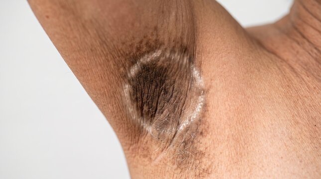 Fungal infection like ringworm or tinea corporis with distinct scaly border under a person's armpit