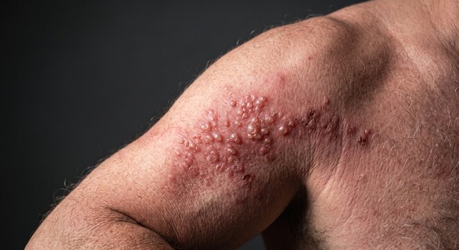 Painful cluster of red blisters on human shoulder caused by shingles or herpes zoster virus