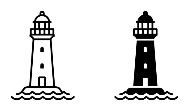 Lighthouse silhouettes set with beacon and waves for navigation and safety signage