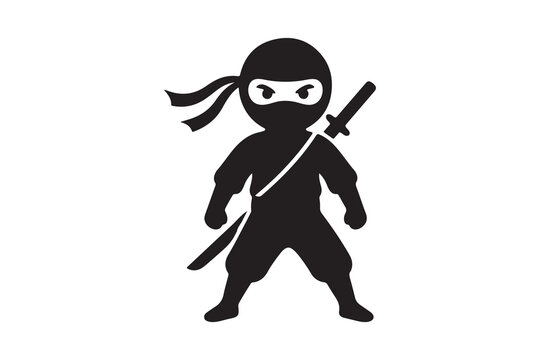 A black vector icon depicting a tiny chibi-style ninja warrior standing confidently with a katana sword strapped behind his back on a clean white background.