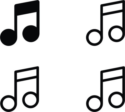 Musical eighth note icons in assorted solid and outline styles for music audio and design