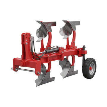 Red tractor plow implement for agricultural soil cultivation isolated