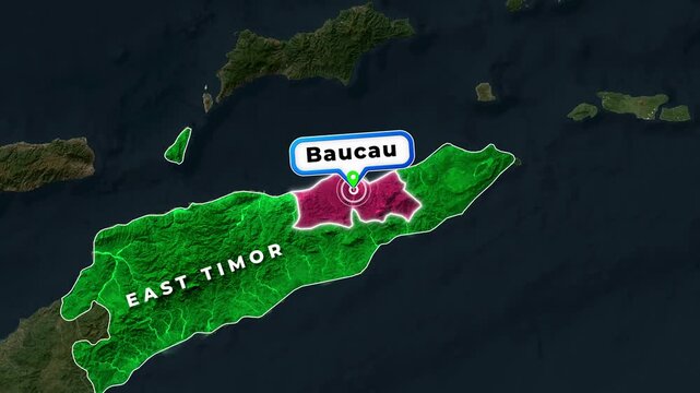 East Timor Map Animation Highlighting Baucau Municipality with Location Pin