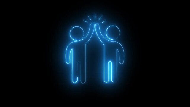 Glowing neon blue icon of two stylized figure silhouettes celebrating with a high-five gesture and radiating sparks above their hands against a black background. Animated teamwork achievement.