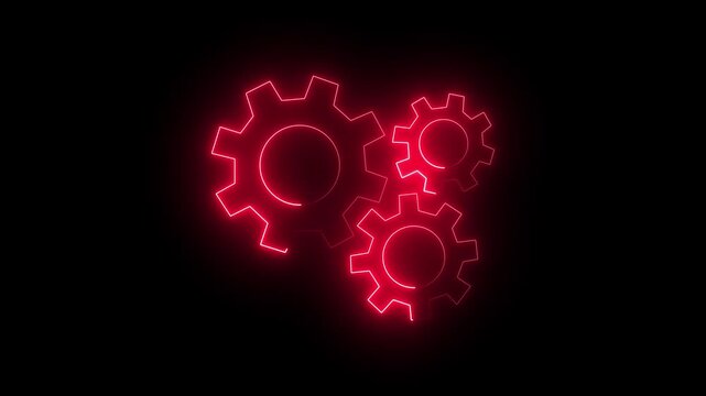 Glowing neon red icon of three interconnected rotating cogs against a black background. Animated system settings processing indicator, mechanical gear automation callout, technical configuration.