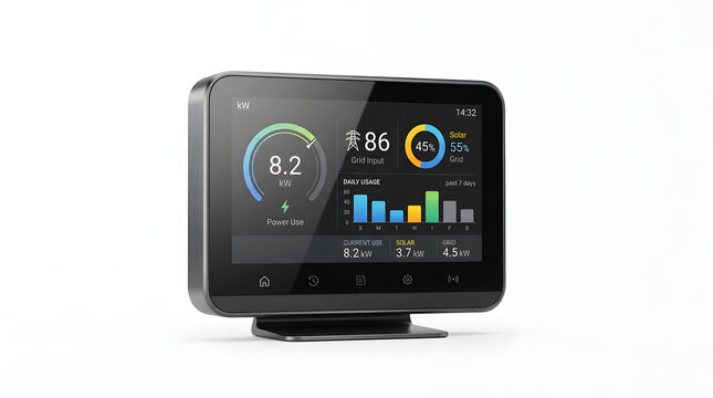 Modern digital smart home energy monitoring display console isolated on white background.
