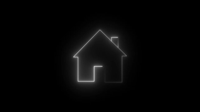 Glowing neon white icon of a classic house silhouette with a peaked roof, chimney, and doorway against a black background. Animated home navigation button, main dashboard landing page indicator.