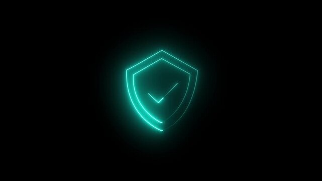 Glowing neon cyan icon of a protective security shield featuring a central checkmark against a black background. Animated cybersecurity verification status, system defense active callout.