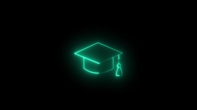 Neon cyan icon of a graduation cap mortarboard with a hanging tassel against a black background. Animated educational degree completion indicator, online learning platform badge.