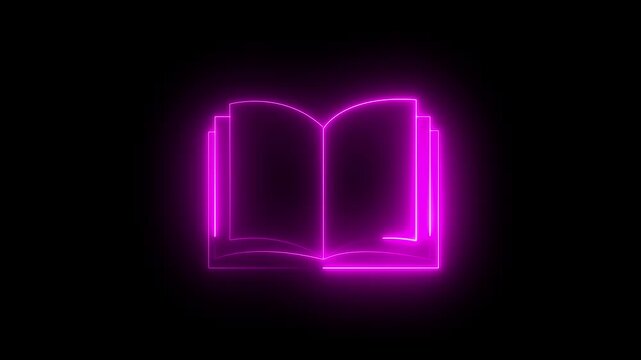 Neon magenta icon of an open book with turning pages against a black background. Animated digital library catalog indicator, e-learning manual guide, documentation reader status, online education .