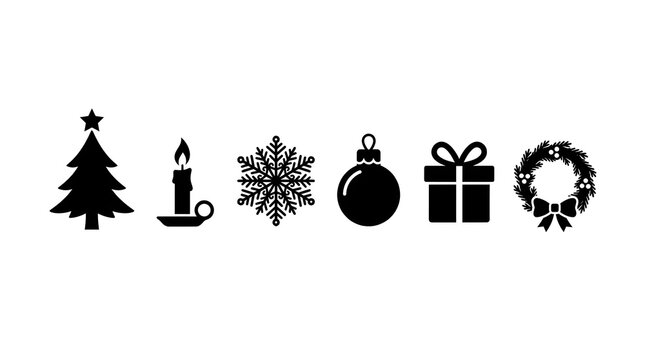Set of black christmas icons including a tree, candle, snowflake, bauble, gift, and wreath, perfect for holiday season designs and festive decorations