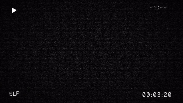 4k overlay asset. Old analog video tape glitch noise screen overlay with playback interface, timestamp and sp mode for effect in video editing