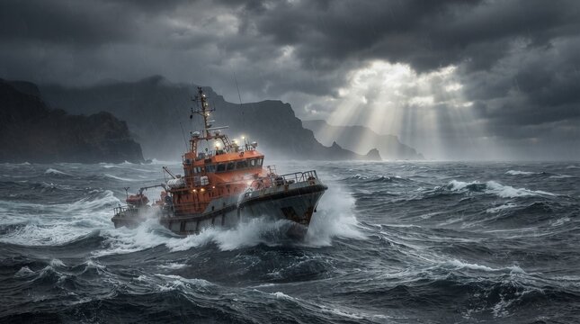 Dramatic stormy sea landscape with red tugboat navigating rough ocean waves, dark cloudy sky with Sun rays breaking through, moody maritime rock cliffs background