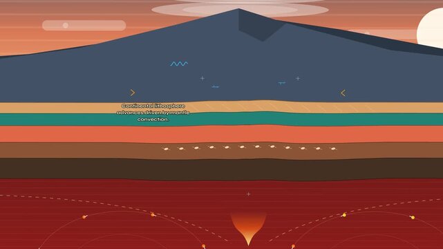 Educational animation of tectonic crustal orogeny explaining mountain building processes, mantle convection, lithosphere movement, folding strata, thrust faults, and geological earth science