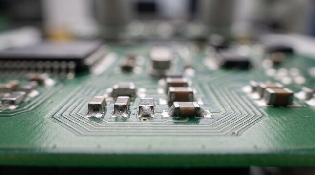 Macro Close-Up of Electronic Printed Circuit Board (PCB) Showing Surface Mount Technology (SMT), Solder Joints, Resistors, and Microchips