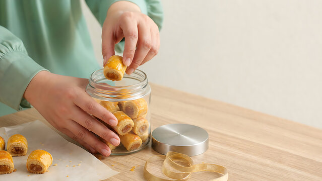 Hands packing golden pineapple tarts into glass jar for festive gift