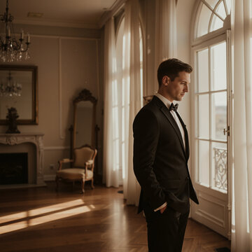 Young man in tuxedo standing by window in elegant room  