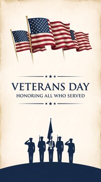Vertical Veterans Day card with soldier silhouettes and American flag