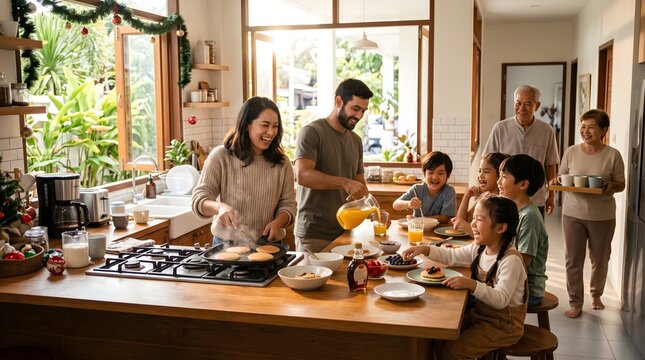 Family preparing a cheerful holiday breakfast together after reuniting