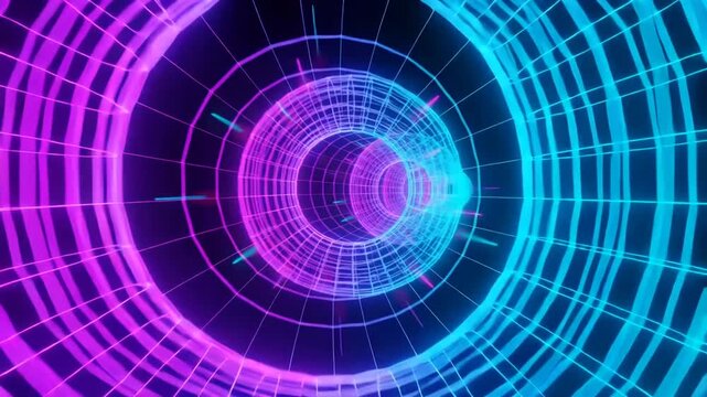 Rotating 3D wireframe torus tunnel in purple and cyan seamless loop