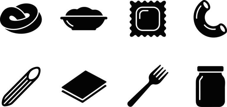 Italian cuisine icons featuring pasta ravioli and other traditional food elements in a simple black and white style