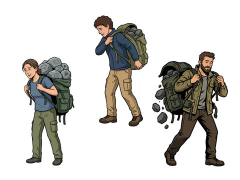 People walking with heavy backpacks full of gray rocks representing stress