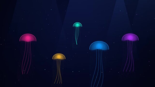 Glowing neon jellyfish swimming in deep dark blue ocean underwater vector background
