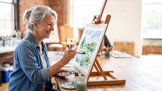 Senior Woman Painting Watercolor Landscape on Easel in Art Studi