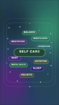 Self care animation with mindfulness, meditation, balance, sleep, rest