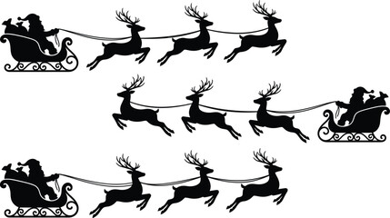 Fototapeta premium Christmas Santa Sleigh Reindeer Silhouette Collection Featuring Flying Winter Poses