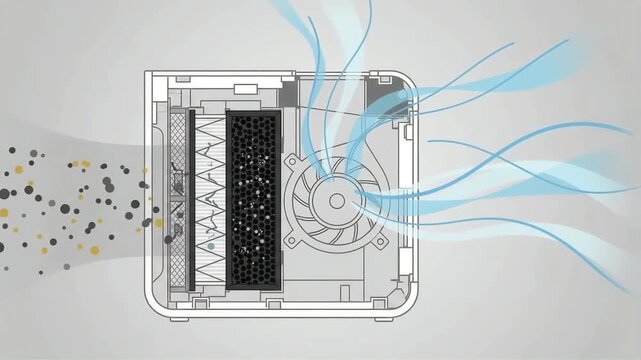 Air purifier filtration system diagram displaying cross section with dust particles intake through HEPA carbon filter and clean air flow ventilation technology