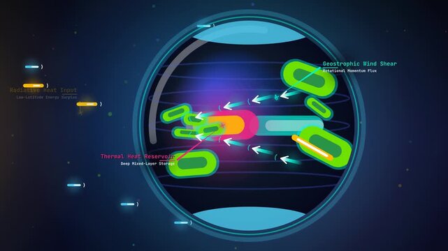 Educational animation explaining Sea Surface Temperature oscillation, global weather patterns, El Nino, La Nina, Bjerknes feedback loop, ocean currents, atmospheric rivers, trade winds, and climate