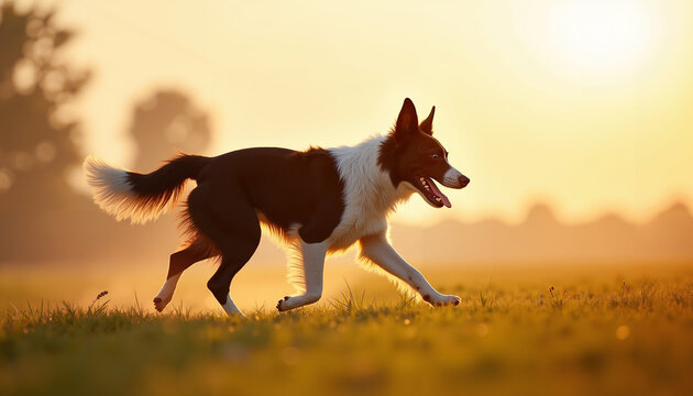 Border Collie dog running in a field during sunset  