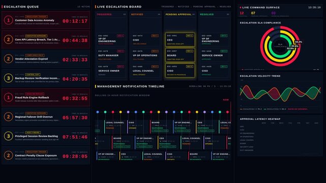 The Incident Escalation Dashboard features critical cases, response deadlines, and management approvals, all designed for urgent executive oversight in a dark mode interface.