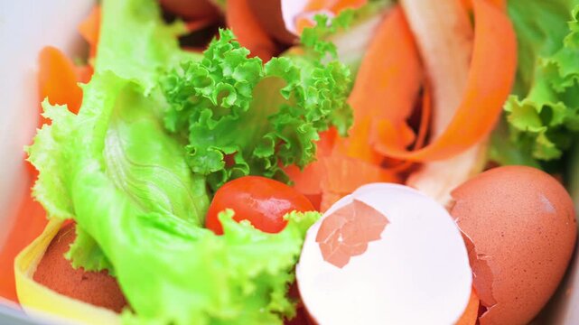 Close-up of organic food waste with vegetable scraps, lettuce, and eggshells inside a container. Composting, food waste recycling, zero waste, and sustainability concept.