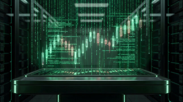 Holographic financial candlestick chart with falling green binary code in high tech data center