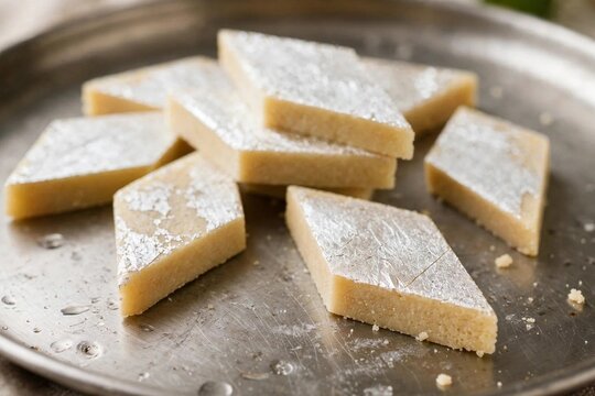 Kaju katli diamond sweets with silver varq on a tray