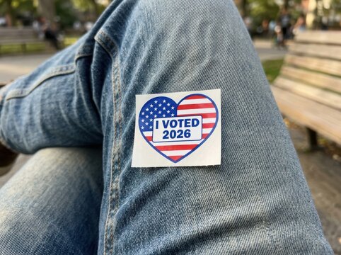 Person wearing I voted sticker , Election Law Justice And Democracy Concept.