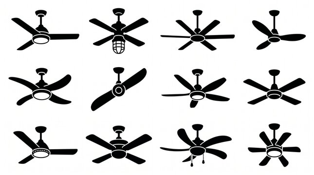 Black ceiling fan silhouette icon collection featuring multiple blade designs, modern household ventilation symbols, bold solid shapes, clean vector illustrations, isolated on white background.