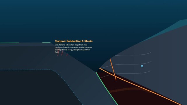Educational animation detailing the formation of a tsunami through megathrust displacement, featuring tectonic subduction, rupture rebound, water column displacement, and bathymetric shoaling