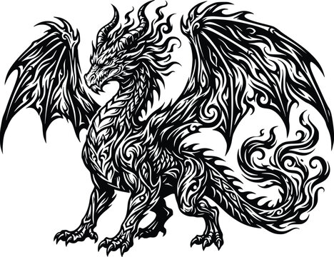Black silhouette of a mystical dragon with detailed wings and tribal patterns standing on a plain white background