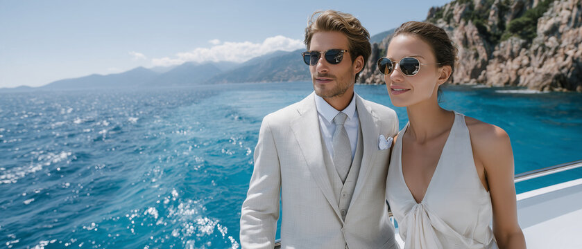 Sophisticated Couple on the Upper Deck of an Enormous Modern Superyacht Cruising Through Crystal-Clear Mediterranean Water

