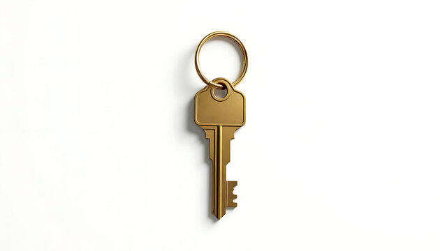 Golden key with ring on white background for access and security symbol.