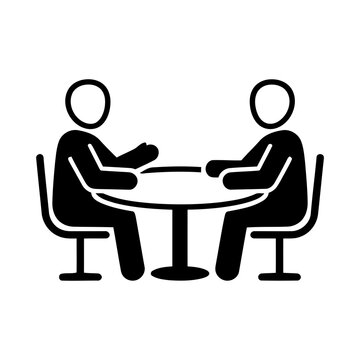 Two Businessmen Meeting and Negotiating at Round Table Flat Line Art Icon Graphic Design