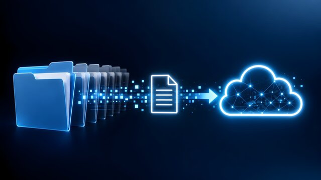 Cloud Computing Concept and Data Migration Illustration Showing Digital Documents Transferring from Local Folders to Online Storage with Blue Glowing Icons on Dark Background
