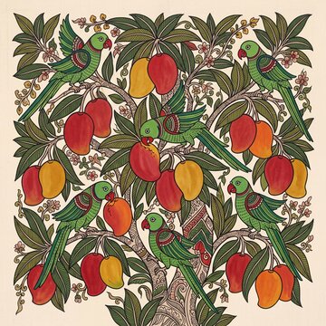 Parrots in a mango tree folk art painting