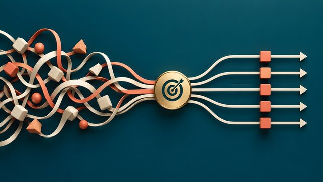 Conceptual 3D illustration of business strategy and process optimization showing chaotic tangled lines converging into a golden target icon and emerging as straight organized parallel arrows