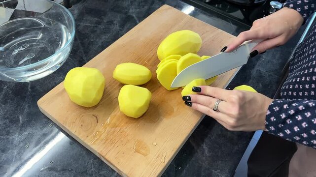 An adult cuts round potato slices with a large knife on a wooden kitchen board, ingredient preparation, home cooking, knife skills.