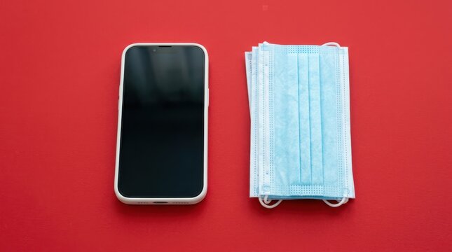 Smartphone and stack of blue medical face masks on red background