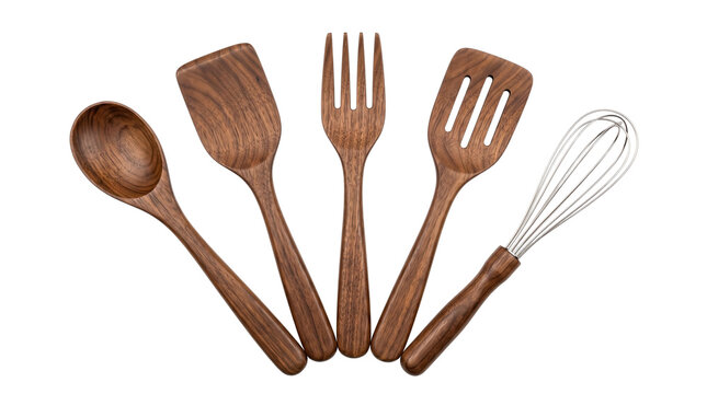 Dark walnut wooden kitchen utensil set, 5 piece eco-friendly cooking tools collection, rustic wood spoon spatula fork and whisk for culinary food prep isolated PNG with Transparent Background